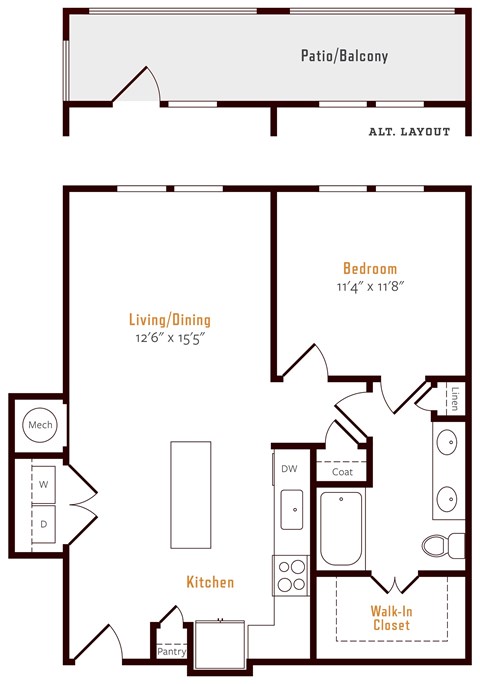 Floor plan for 1 bed, 1 bath, 787 sqft